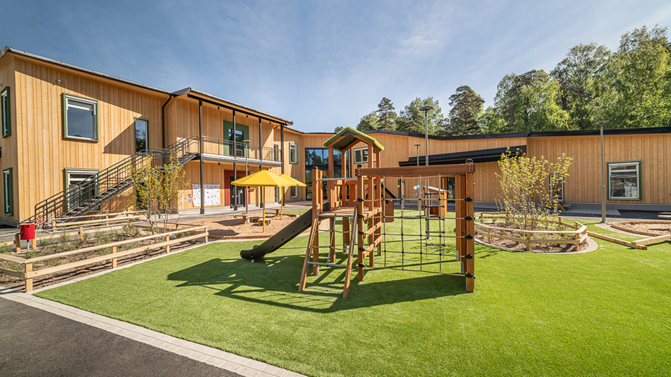 Grindstugans Förskola överblick av fastigheten och skolgården.