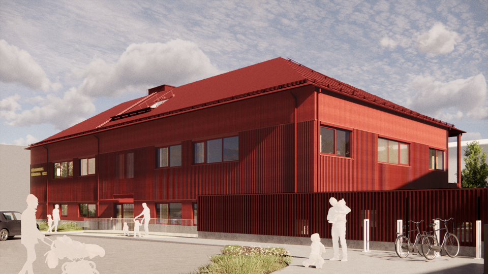 Arkitektskiss på en röd förskola som ska byggas.