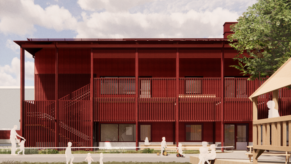 Arkitektskiss på en röd förskola som ska byggas.